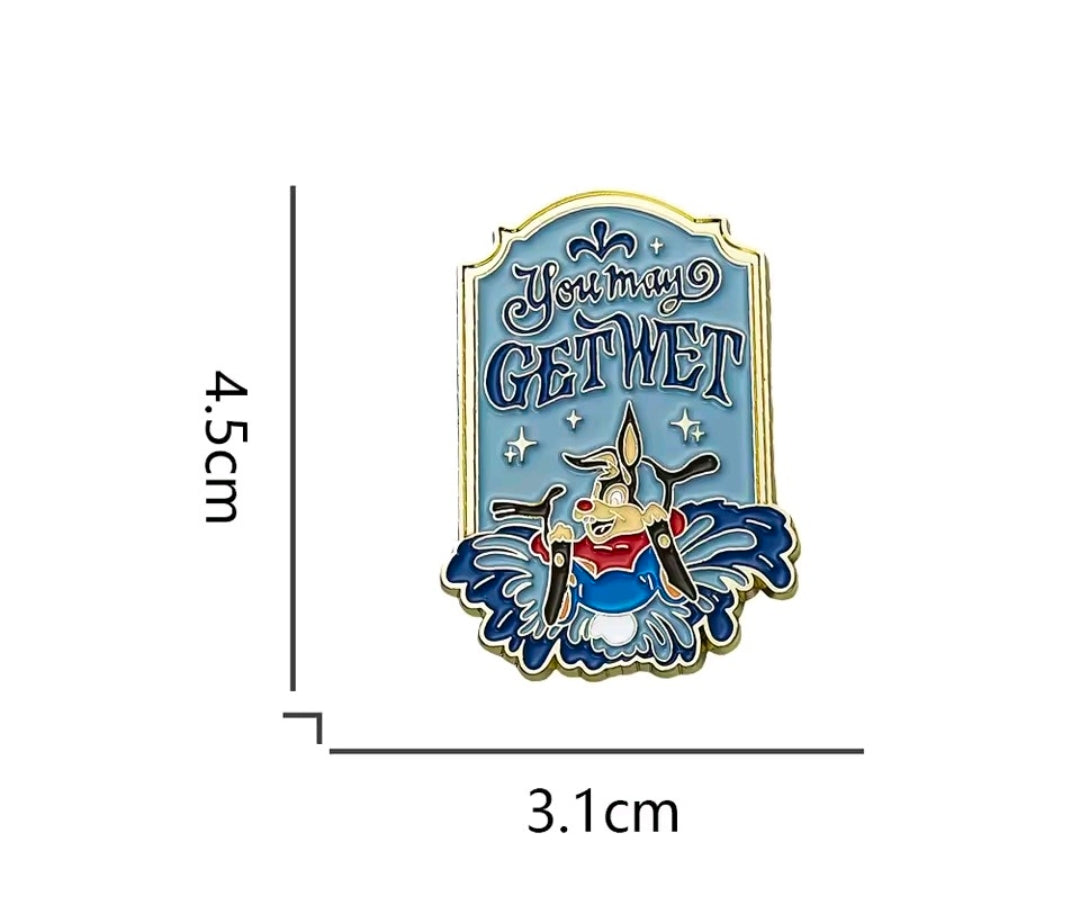 Enamel lapel pin with blue “Y’know Get Wet” sign and Br’er Rabbit in red vest