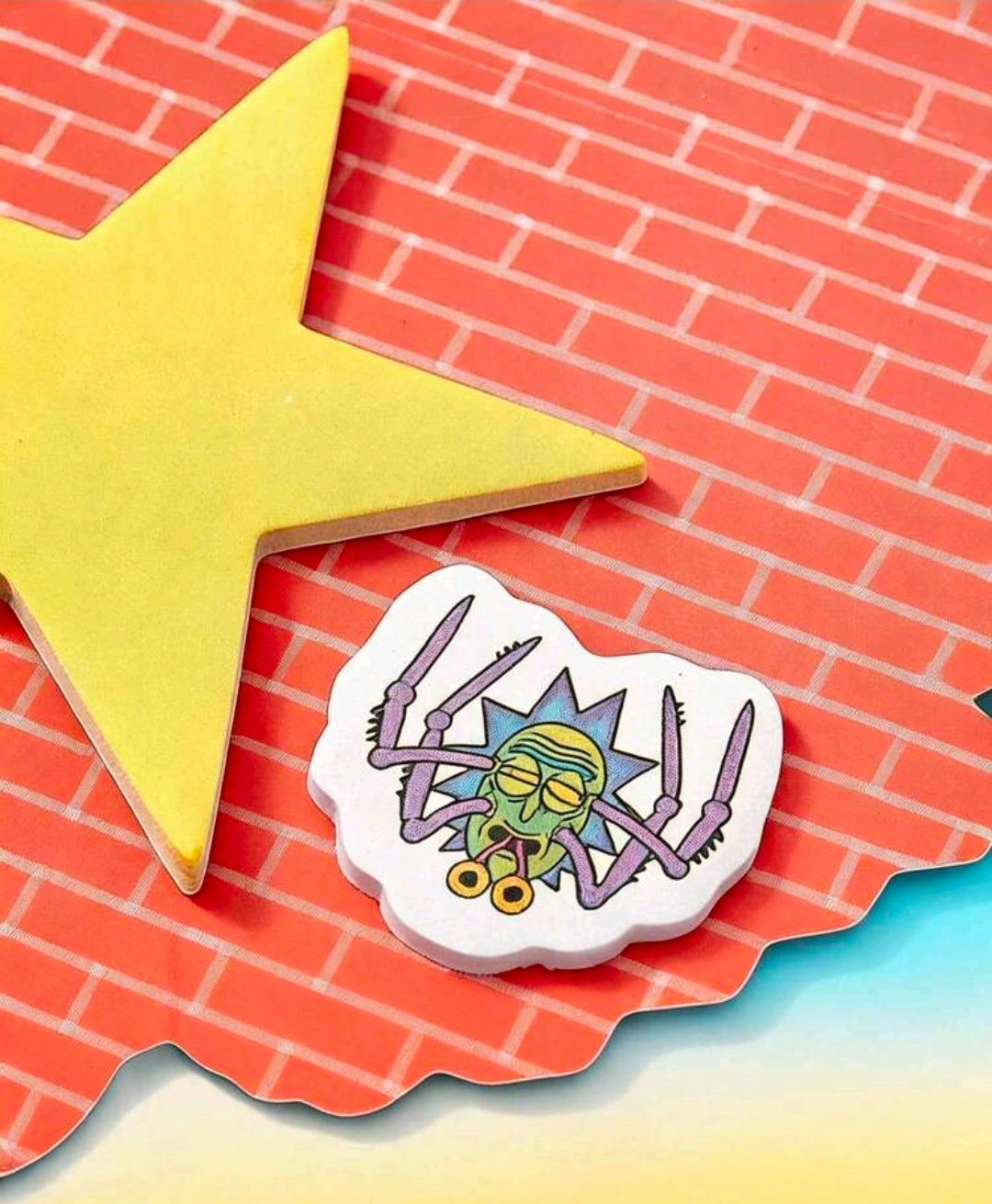 Yellow star die-cut sticky note with character art page tabs