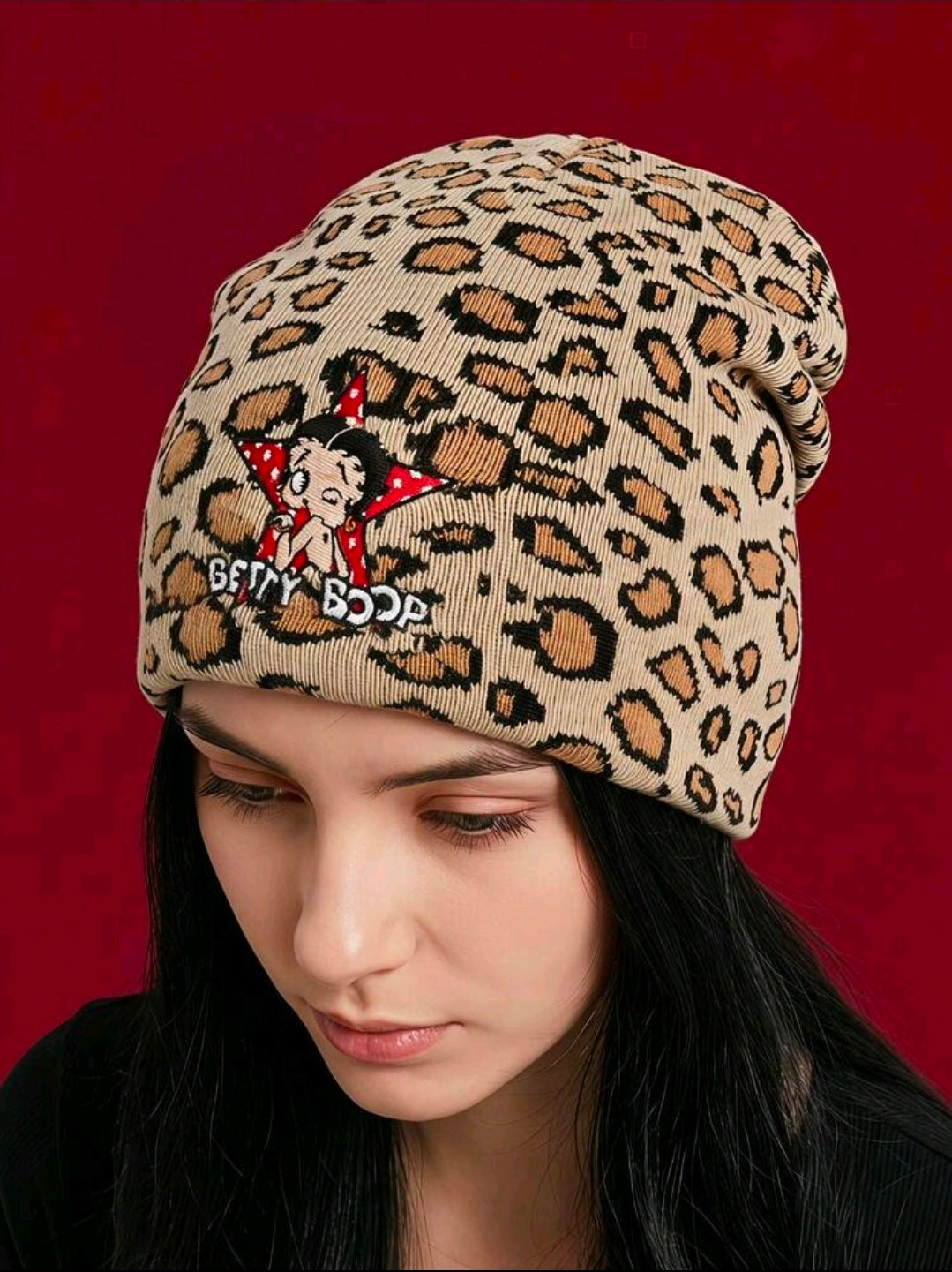 Betty Boop Leopard Print Slouchy Knit Beanie with Star Embroidery