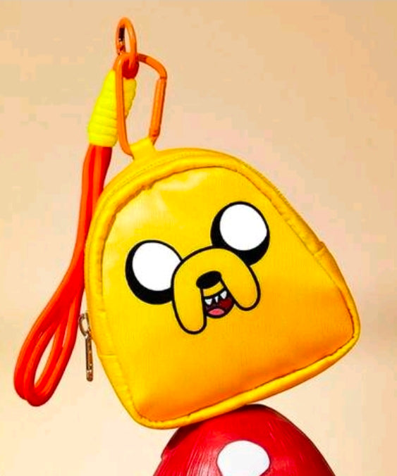 Yellow mini zipper pouch with Jake dog face, orange carabiner wrist strap