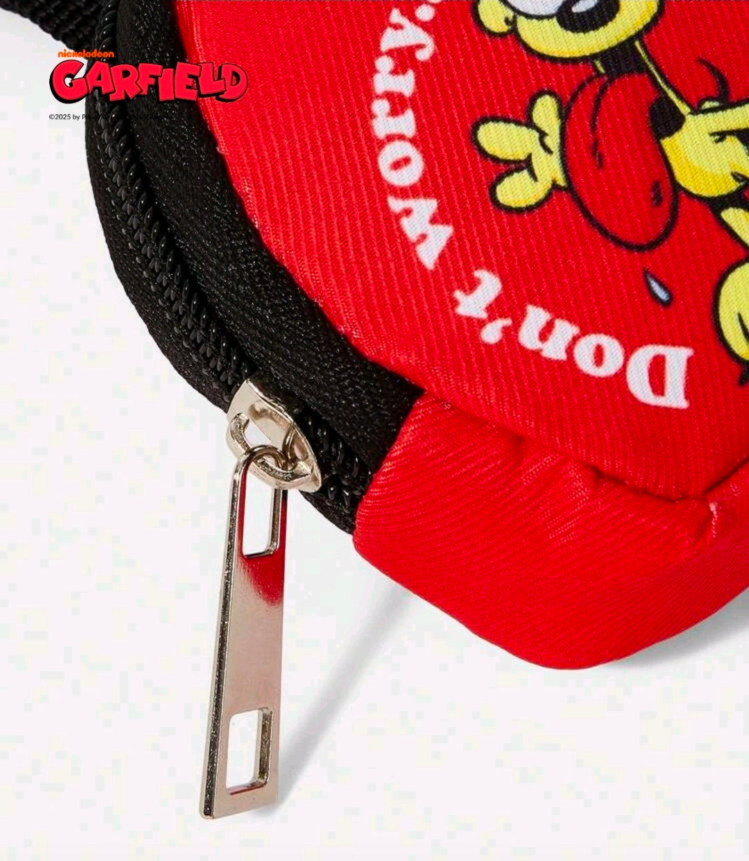 Red Garfield coin pouch keychain with black zipper and metal keyring loop