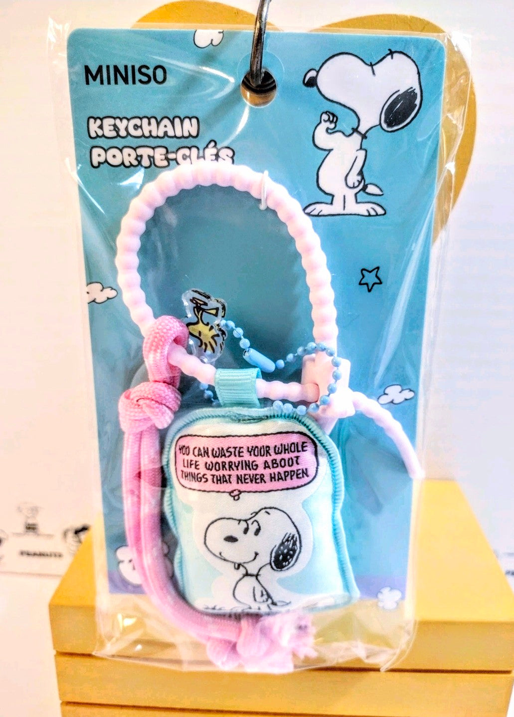 Miniso Snoopy Pillow Keychain Peanuts 4.0 Worry Quote Woodstock Charm Braided Wrist Strap Kawaii Collectible