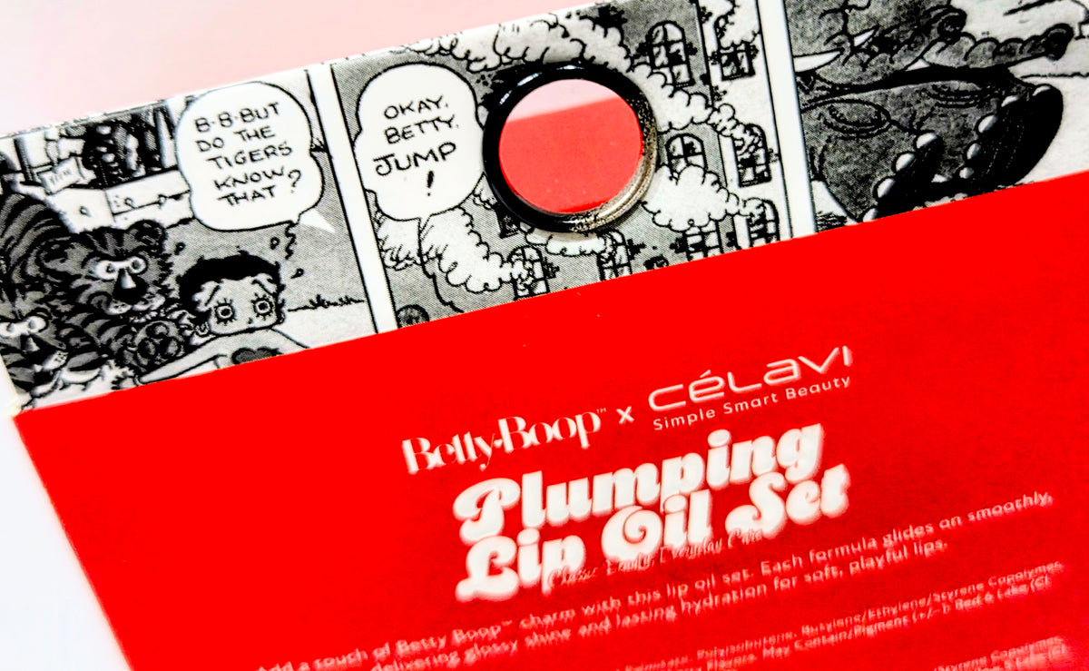 Betty Boop x Celavi Plumping Lip Oil Trio Classic Cocoa Blushing Nude Peony