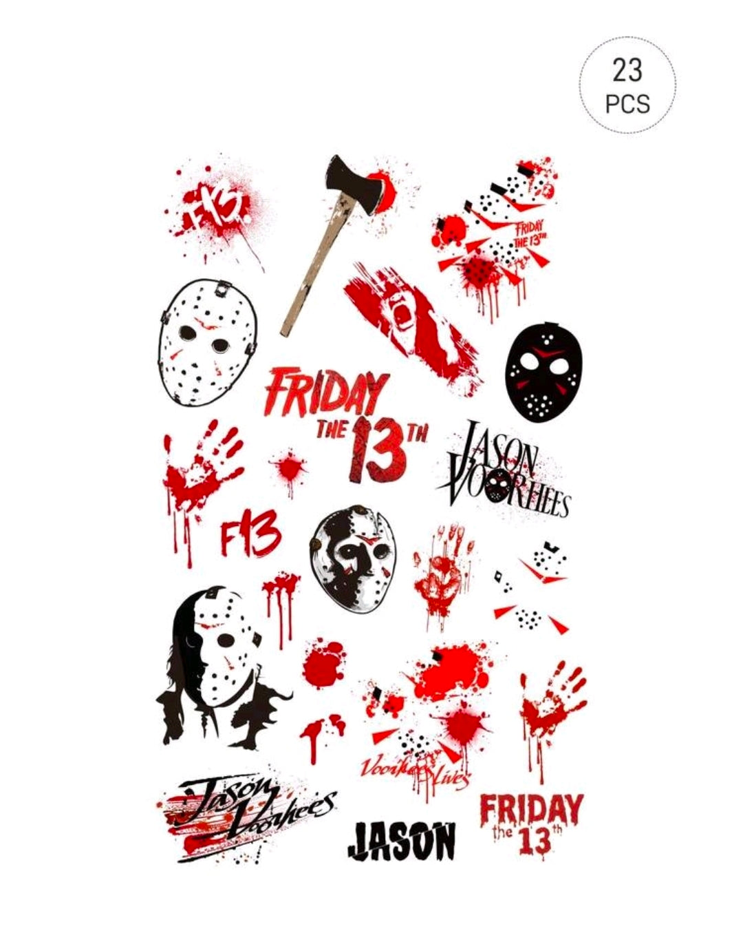 Assorted Friday the 13th enamel-style accessory set with mask, axe, and blood splatter graphics