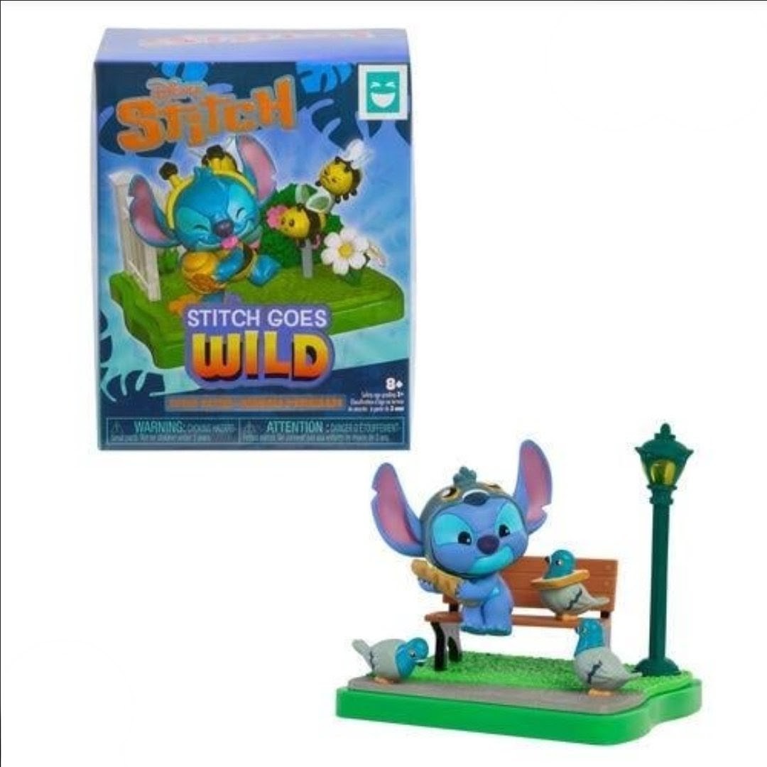Stitch-themed blind box packaging with blue character figure on green base
