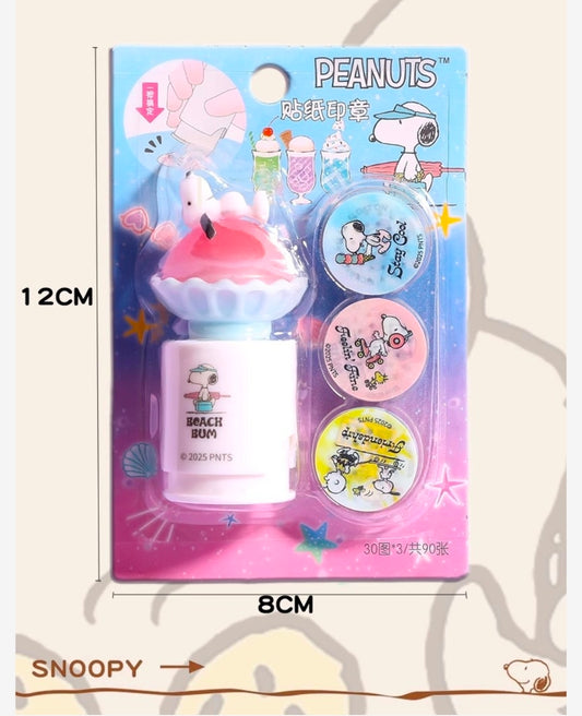 Snoopy Peanuts Beach Bum sticker stamp roller set blister pack with round stickers
