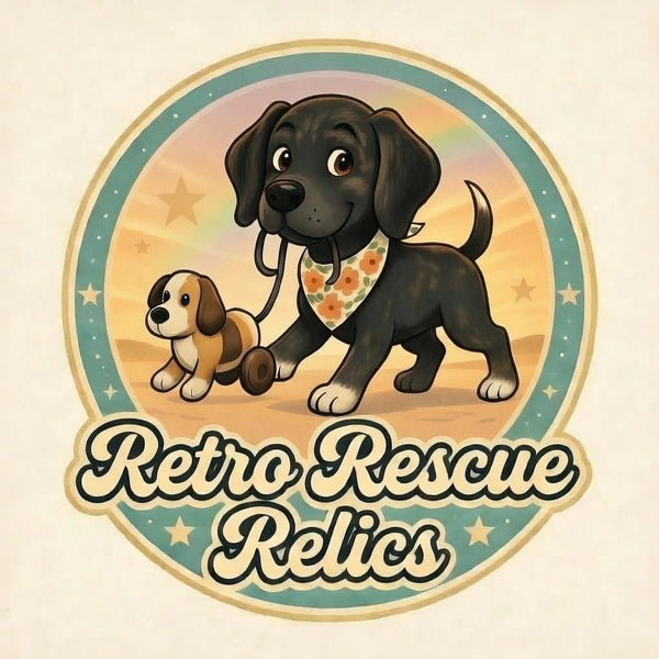 Rescue Retro Relics logo cartoon dog pulling a toy dog