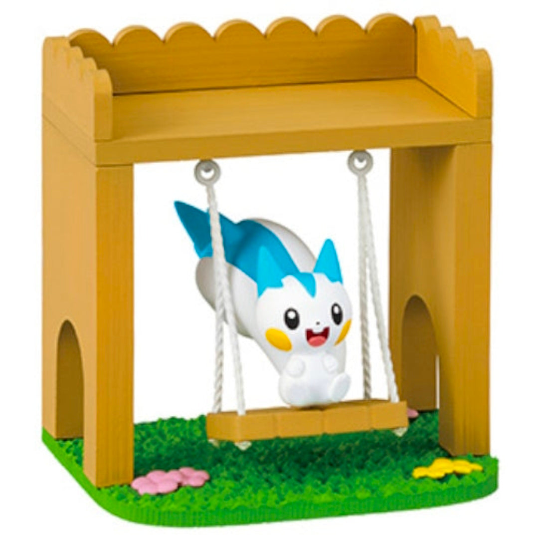 Pokemon mini figure swing playset with Emolga in a hanging seat under a wooden frame
