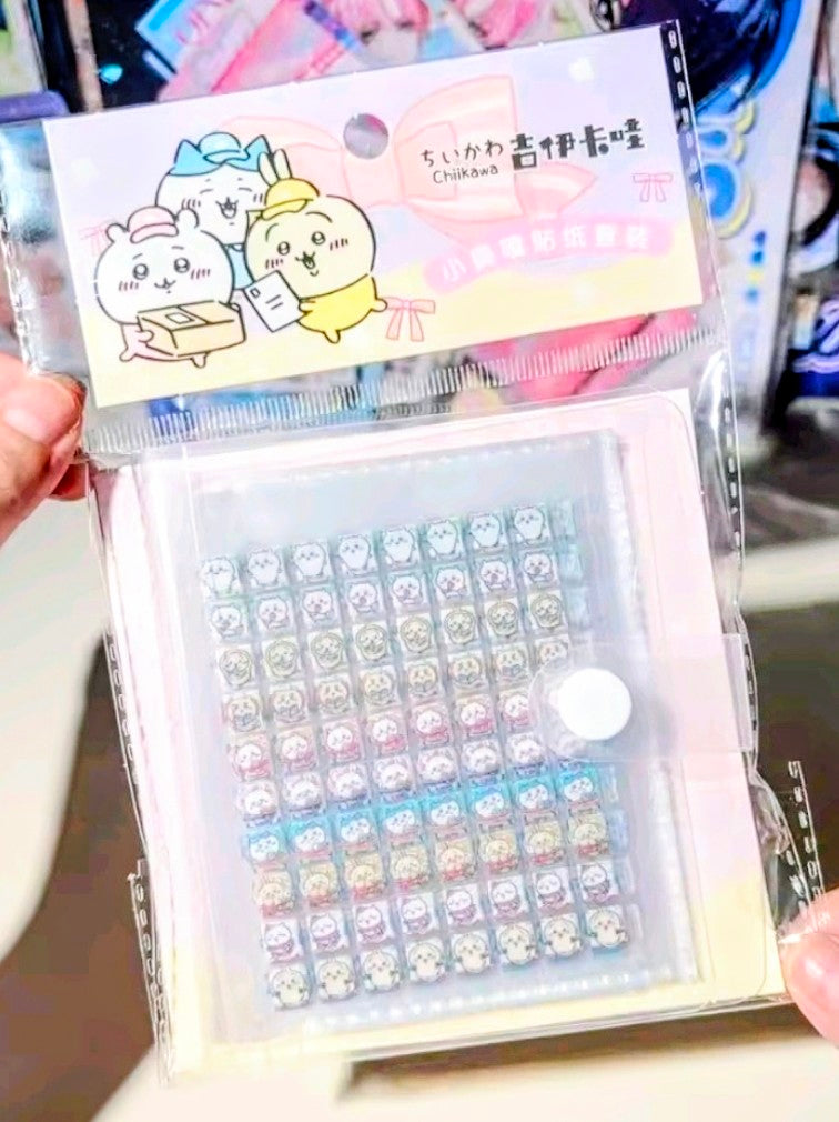 Chiikawa themed clear sticker pack with miniature sticker grid sheets inside