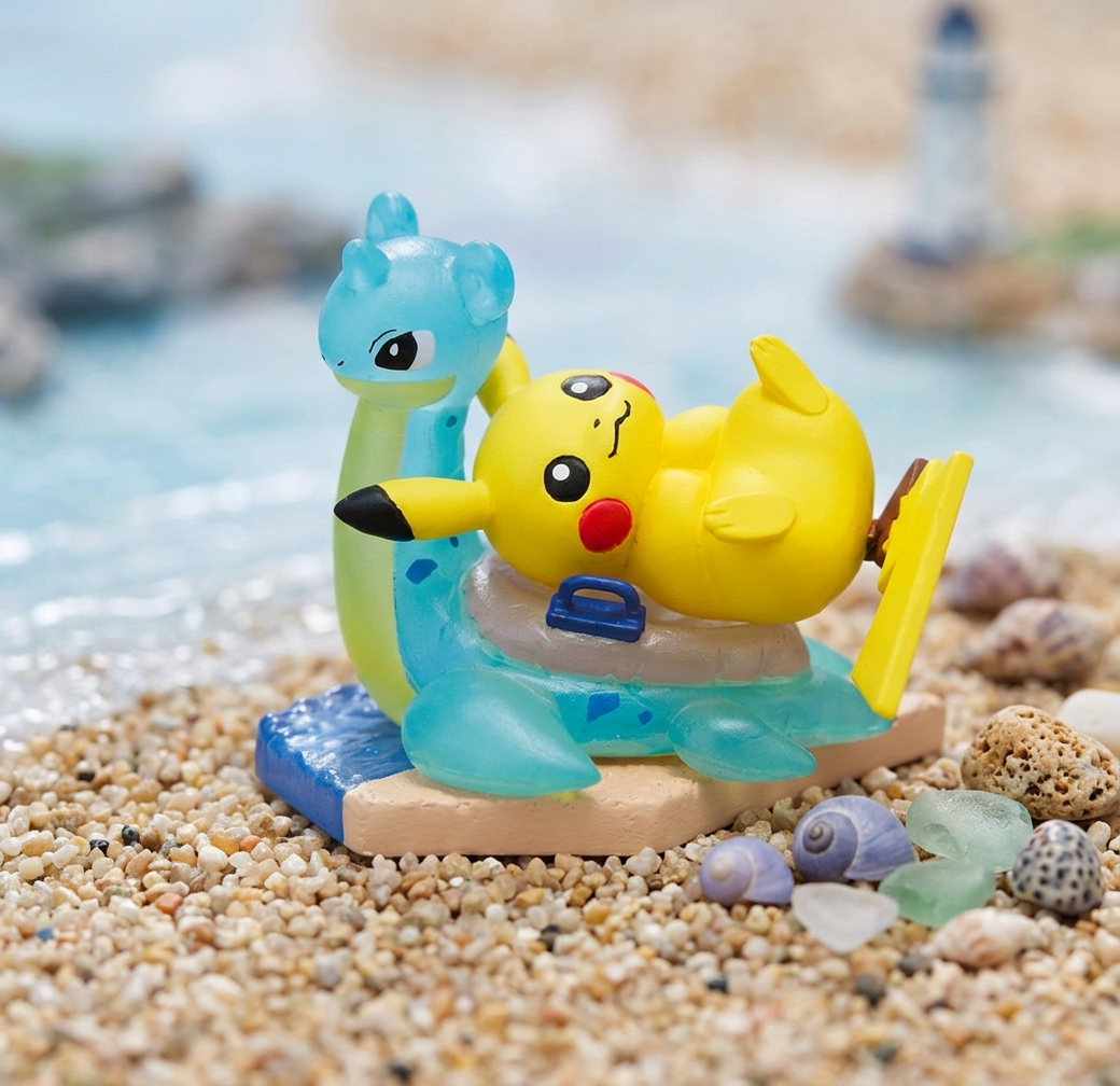 Seaside mini figure: blue character and yellow Pikachu on shared blue raft with beach base