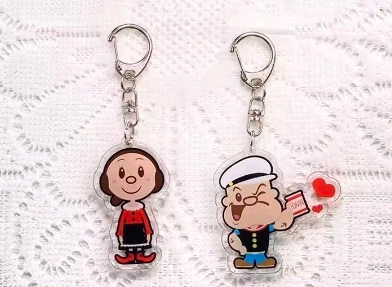 Set of 2 acrylic keychain charms with two character pendants, Popeye and Olive Oyl