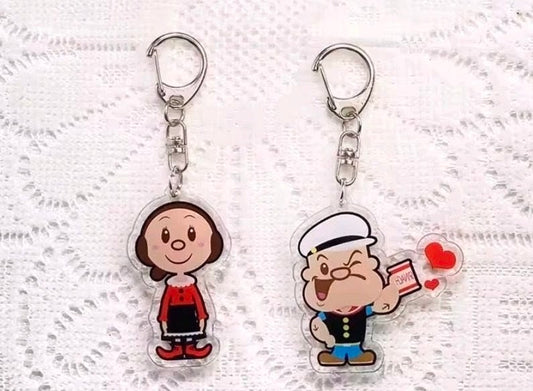 Set of 2 acrylic keychain charms with two character pendants, Popeye and Olive Oyl