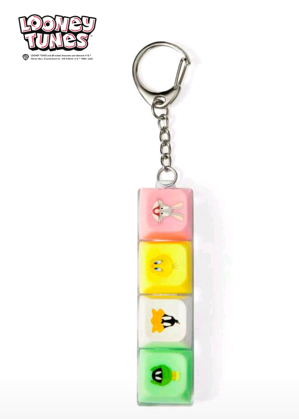 Looney Tunes clicker fidget keychain with four stacked character keycaps and metal ring