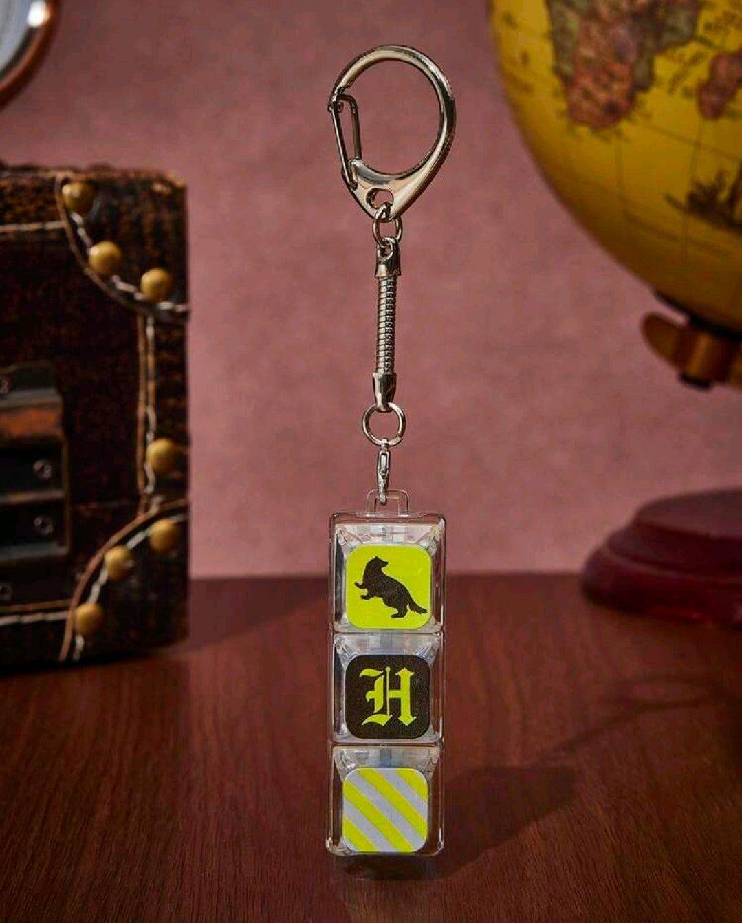 Hufflepuff acrylic clicker fidget bag charm with keyring and striped tile details
