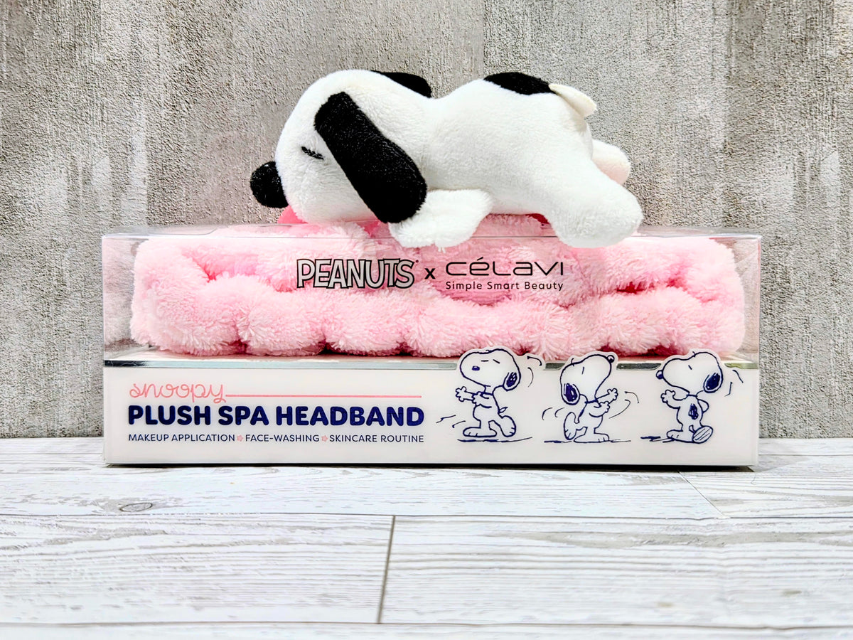 Plush spa headband in box with Snoopy face top and pink cushioned band