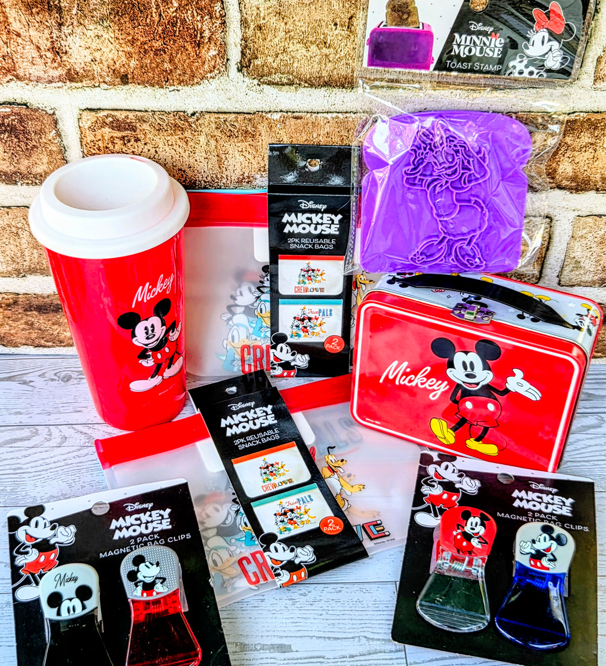 Mickey kitchen gift set: red tumbler, magnetic bag clips, reusable snack bags, purple toast stamp