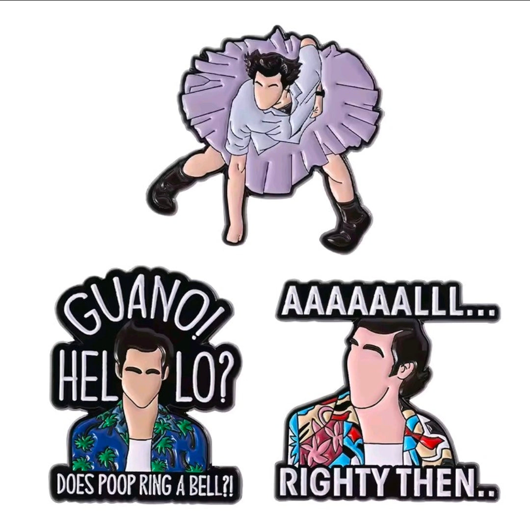 Three enamel pins: “GUANO! HELLO?” and “RIGHTY THEN..” plus purple cheering pose