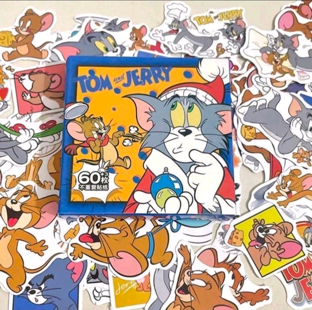 Tom and Jerry sticker pack box among assorted character stickers