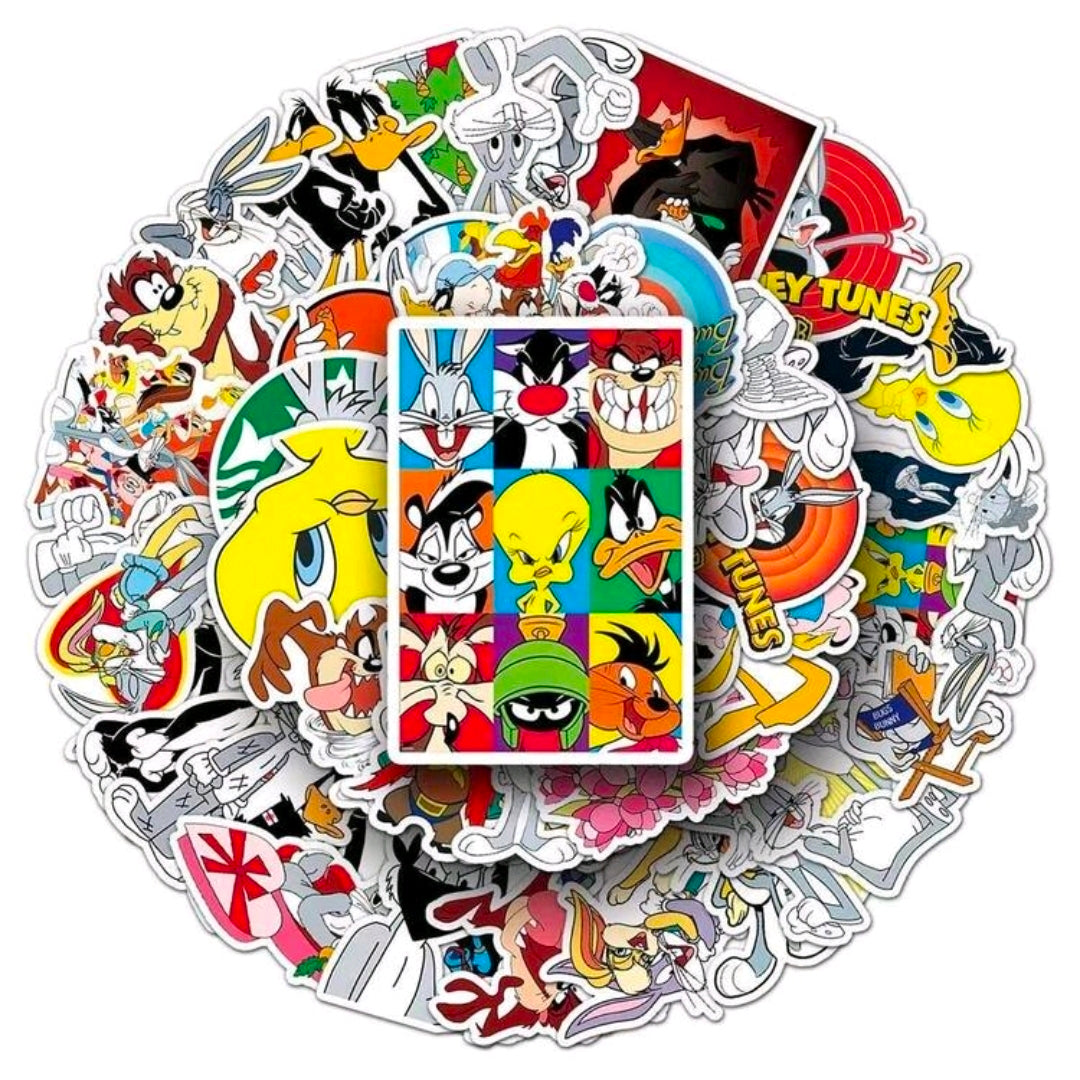 Looney Tunes vinyl decal sticker pack with many character designs, shown around a small square
