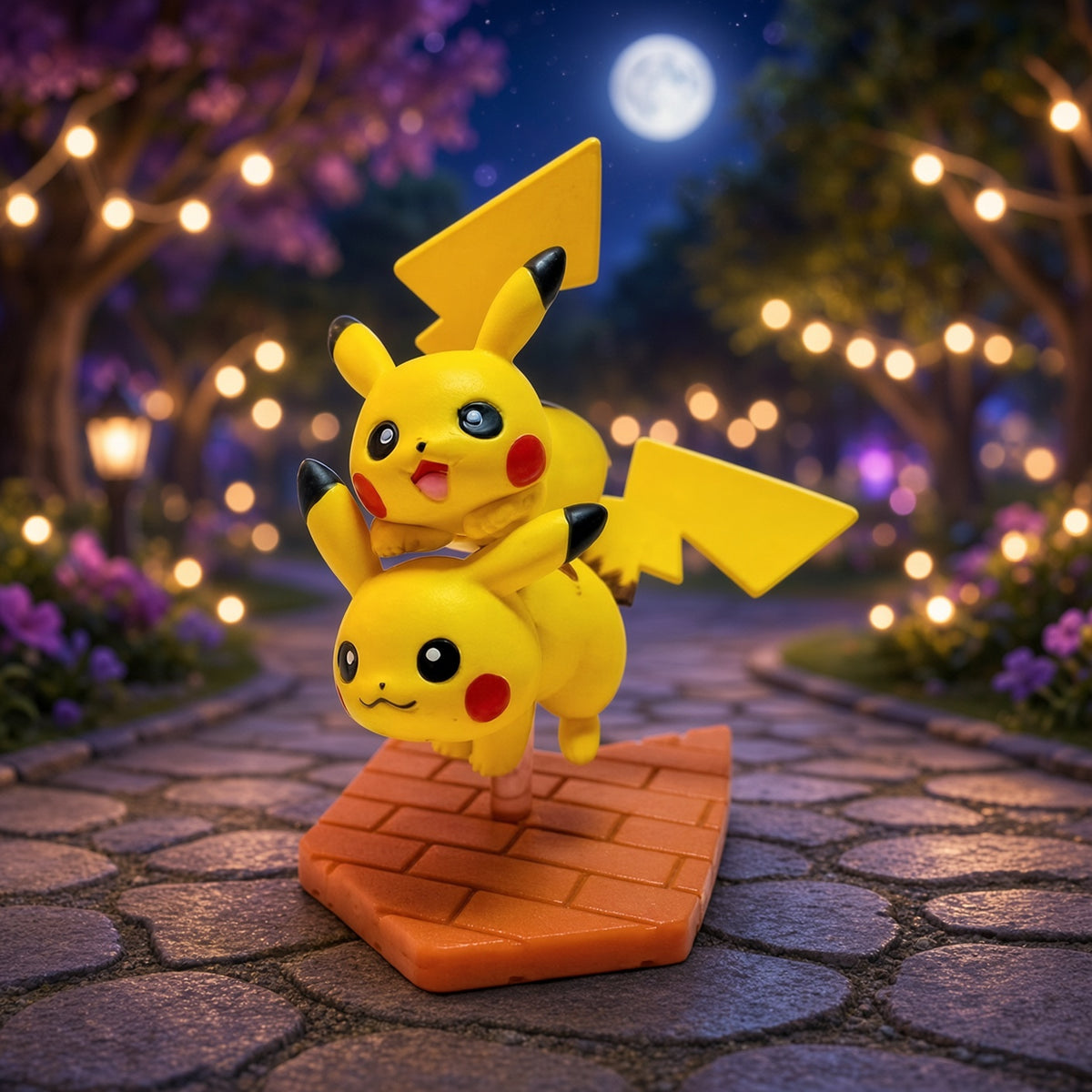 Pikachu mini figure with top hat and flag, standing on orange-brown brick base