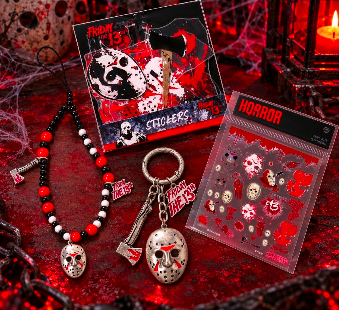 Horror nail art sticker set with multiple packs and accessory props on display