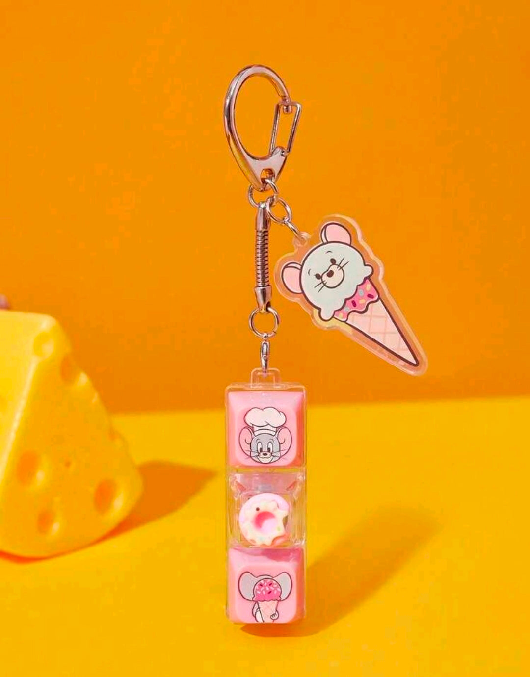 Tom & Jerry dessert keyboard fidget clicker keychain with pink ice-cream charm and clear cube