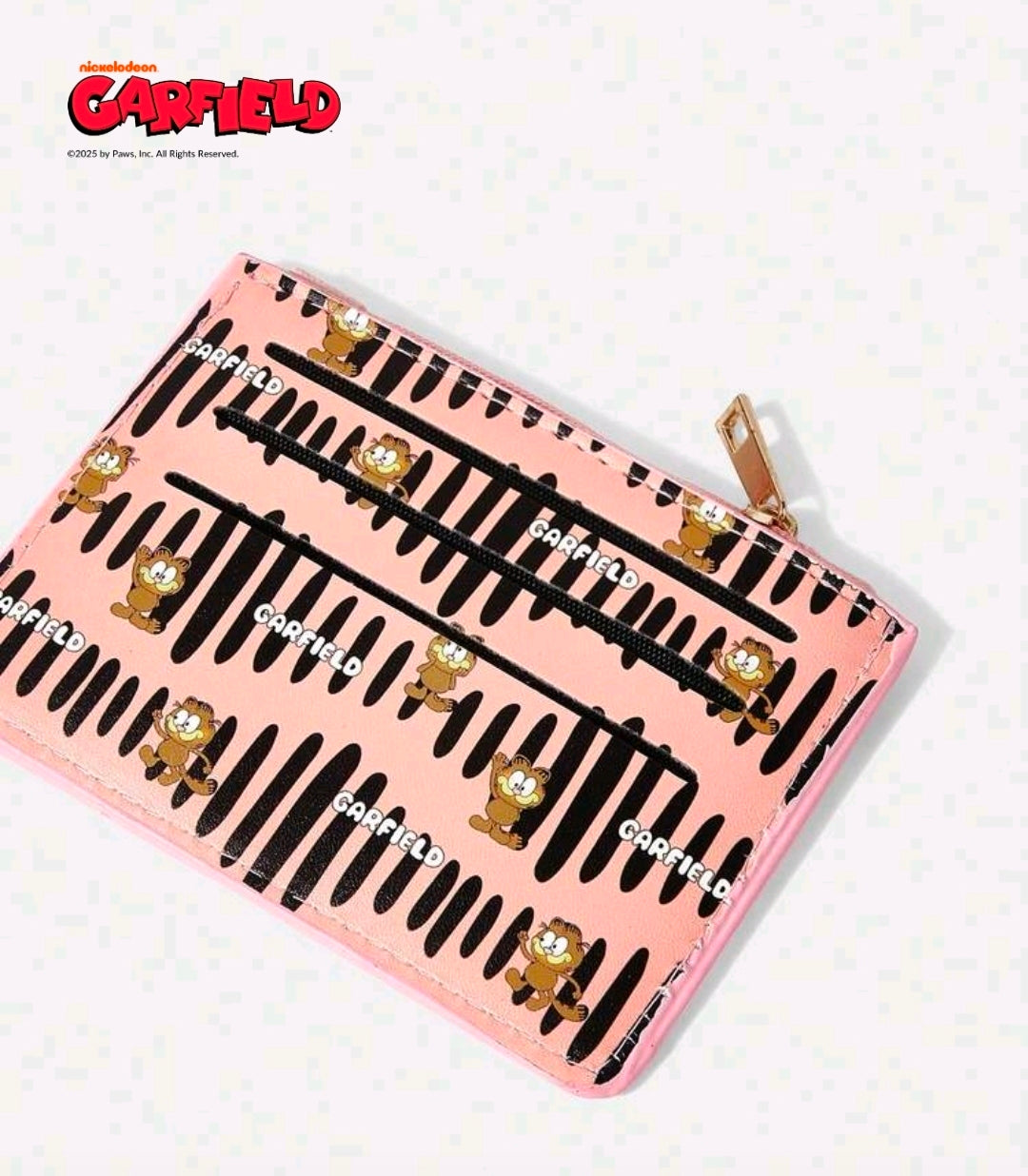 Pink Garfield card holder coin purse wallet with black stripe print and gold zipper.