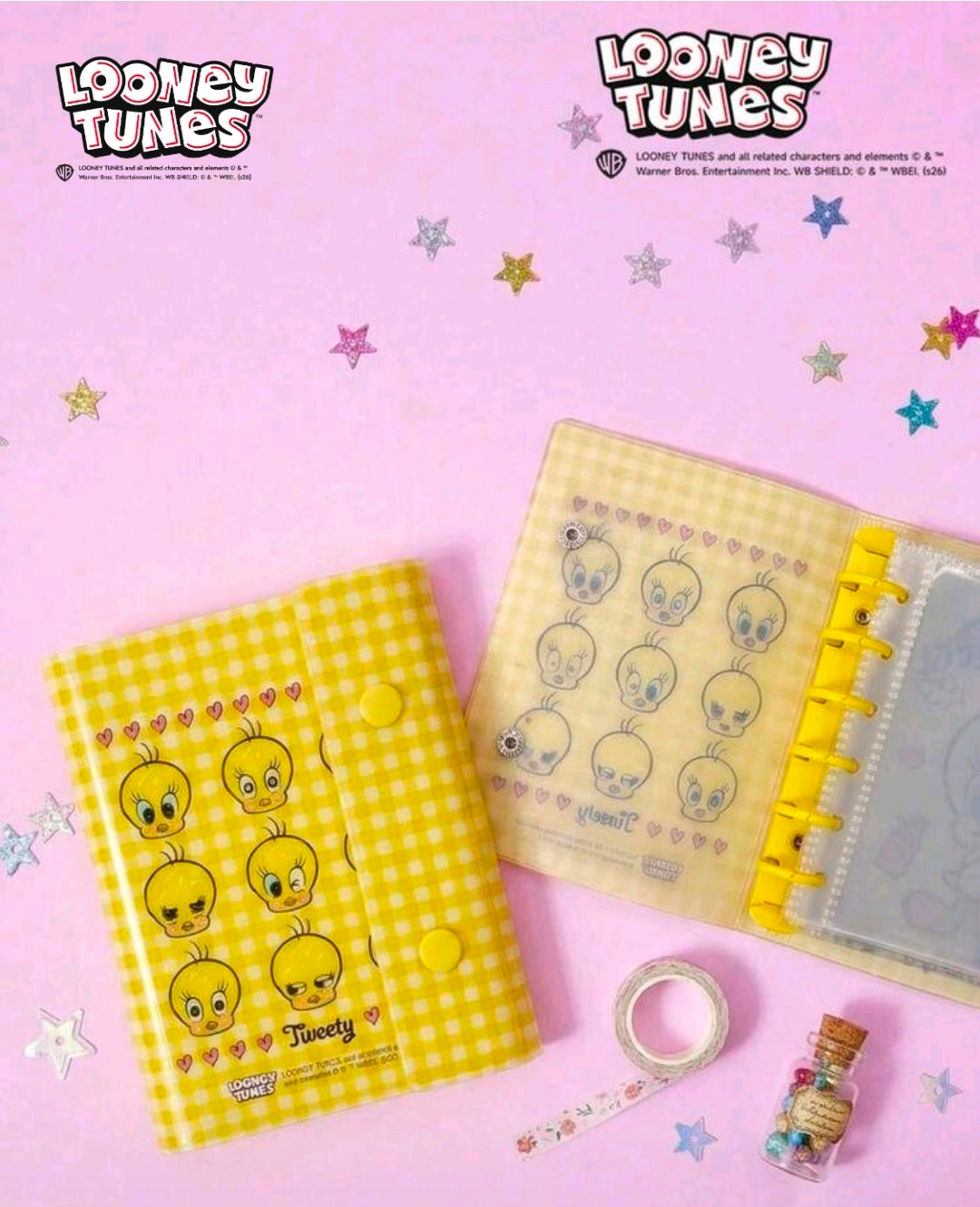 Yellow sticker binder planner with Tweety character prints and ring binder page