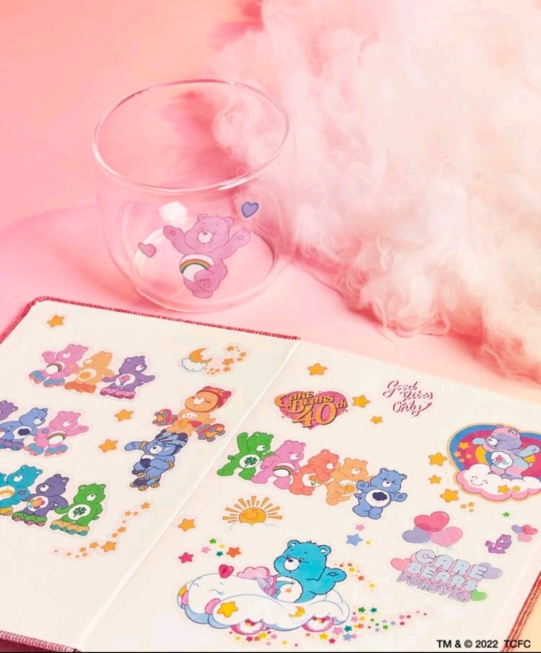 Clear holographic sticker sheet with cartoon bears, stars and hearts on a white sheet