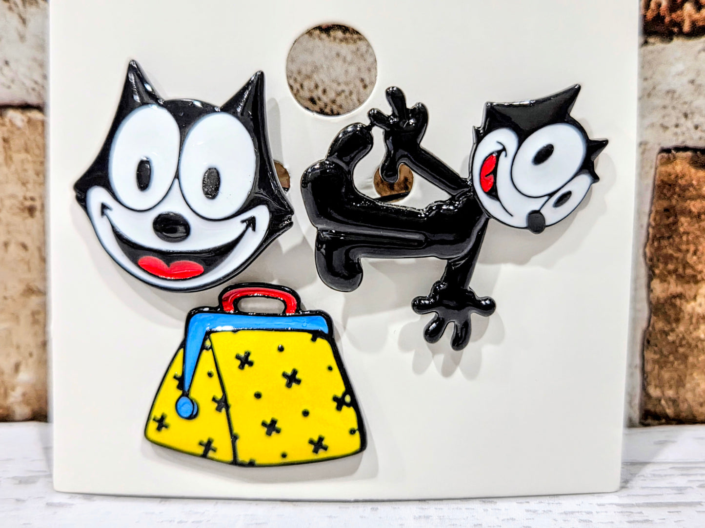 Felix the Cat Enamel Pin Set 3pc Face Body Bag Licensed Retro NEW
