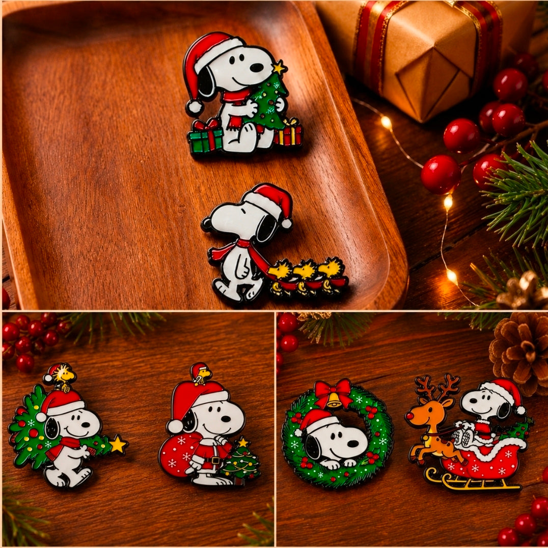 Snoopy Christmas enamel pins with tree-gift and wreath, Santa hat and sleigh