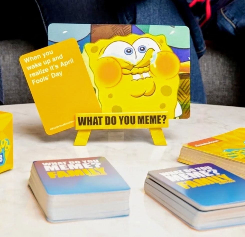 SpongeBob SquarePants prompt cards on stands with two card decks nearby