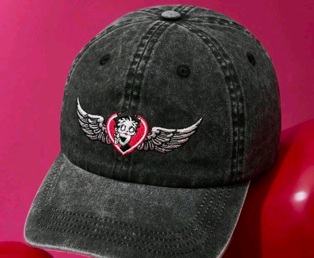 Betty Boop Embroidered Dad Hat Wings Heart Adjustable Black Denim Cap