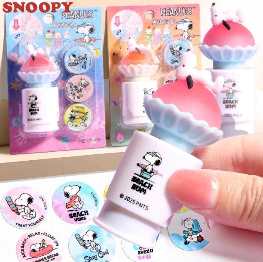 Handheld Beach Bum sticker stamp roller with Snoopy beach-themed round stickers