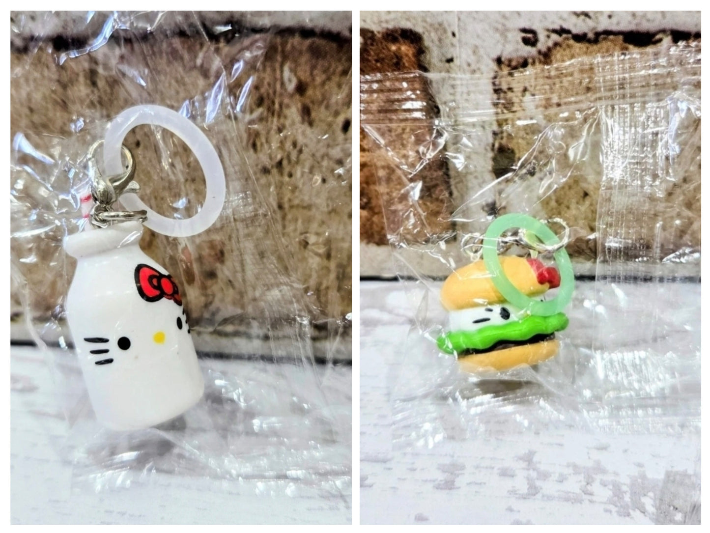 Hello Kitty keychains: white milk carton and burger with green lettuce on metal rings