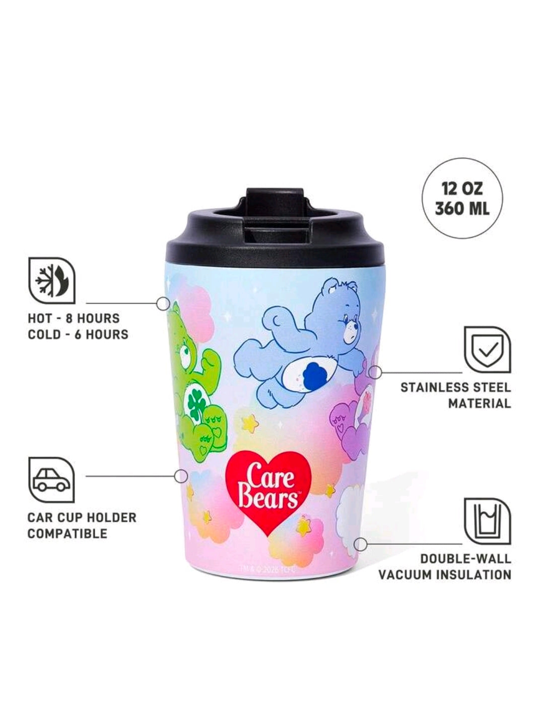 12 oz Care Bears rainbow tumbler with black lid, double-wall vacuum insulation, diagram