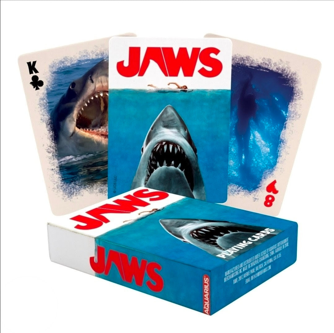 Aquarius Jaws playing cards deck box with visible K♣ and A♠ shark face cards