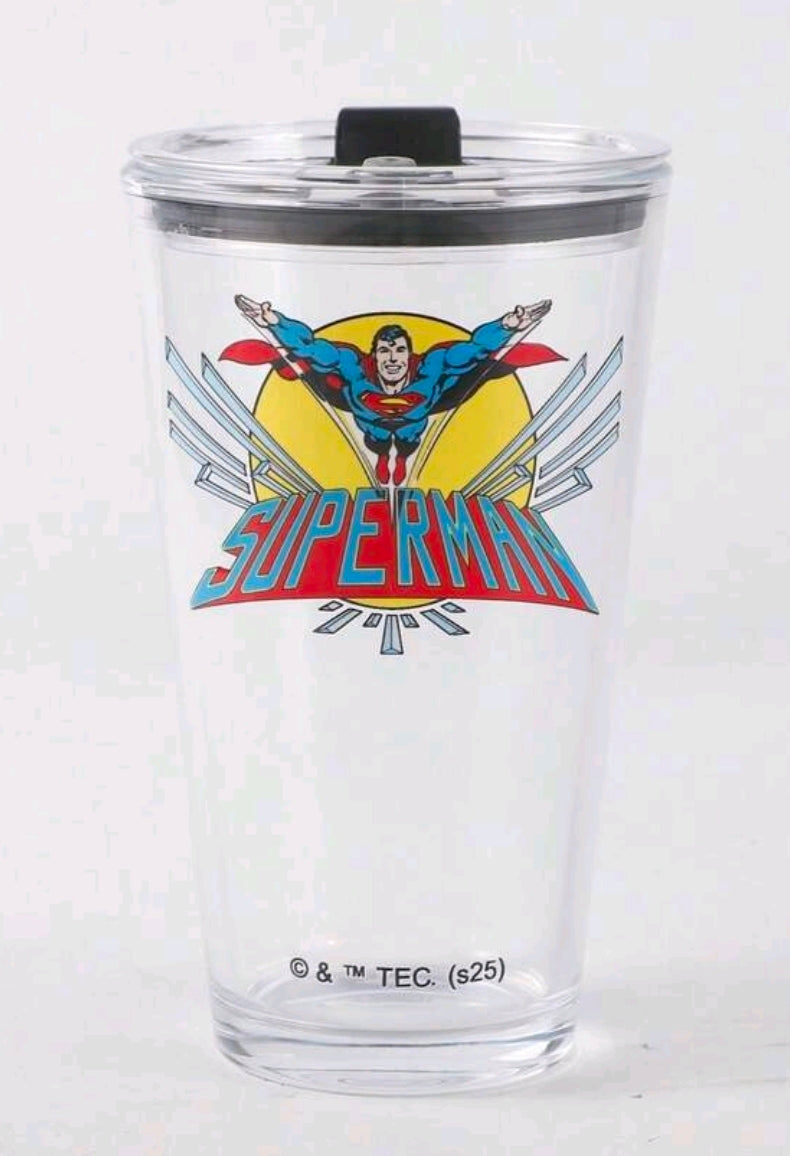 Clear superhero tumbler with black lid and Superman emblem, full front.