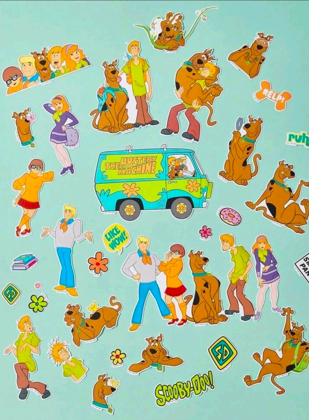 Scooby-Doo sticker sheet with many die-cut characters and the Mystery Machine