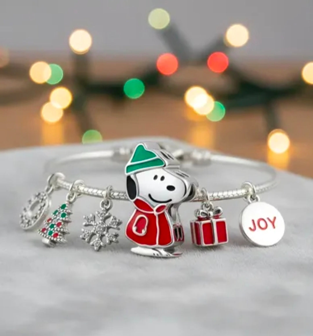 Sterling silver Snoopy winter puffer coat bracelet charm with green hat and red coat