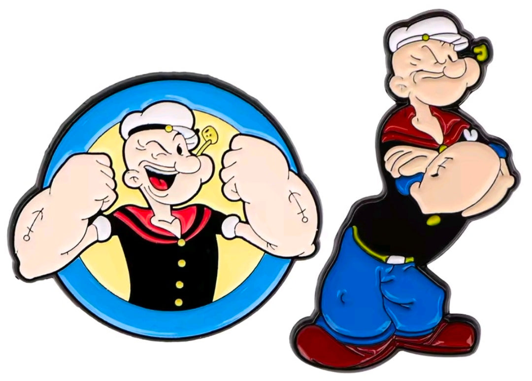 Two-piece cartoon sailor enamel pin set: face pin and standing pin with red scarf.