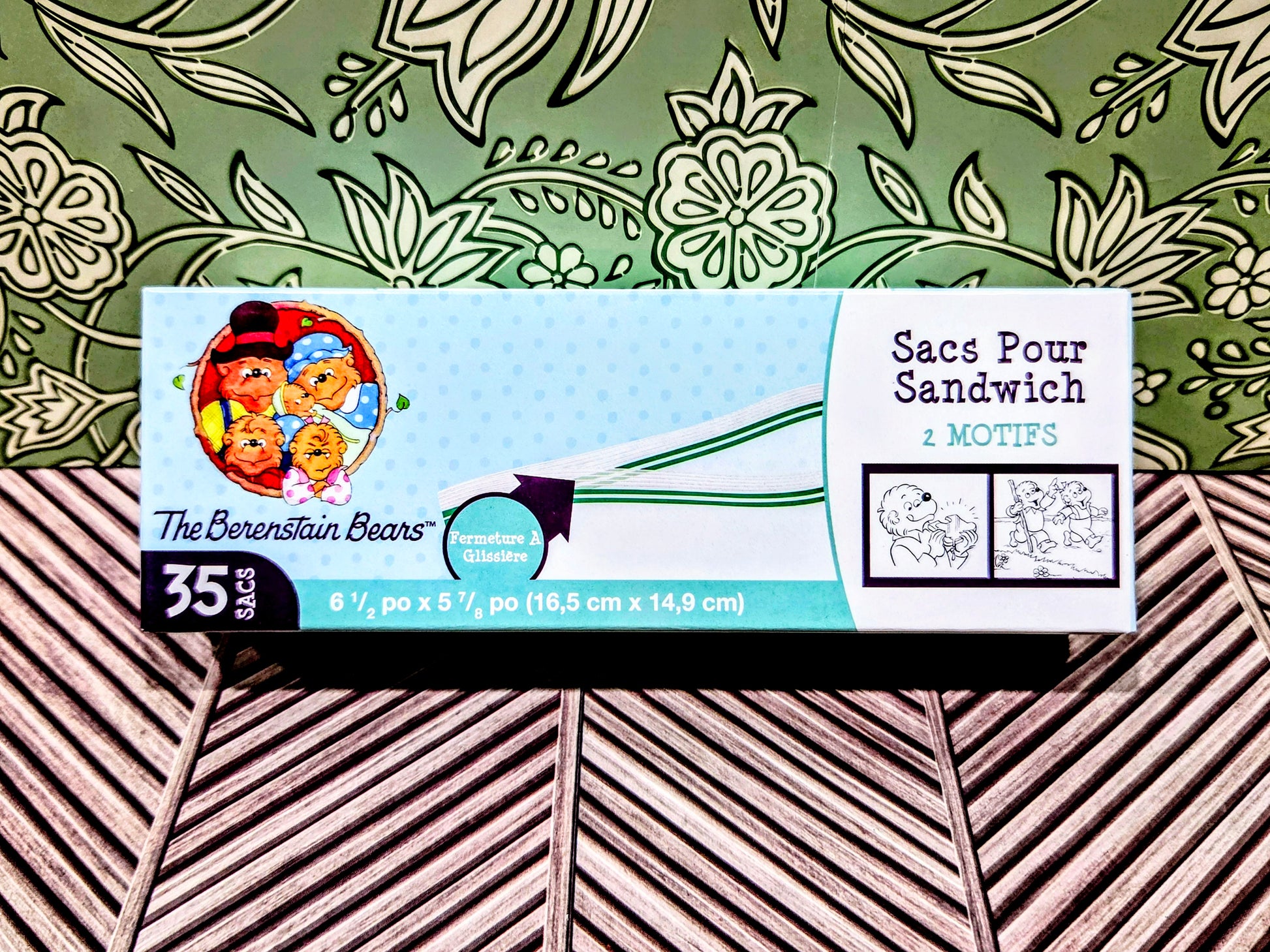 Berenstain Bears sandwich zip bags box with green and blue character design, 35 bags