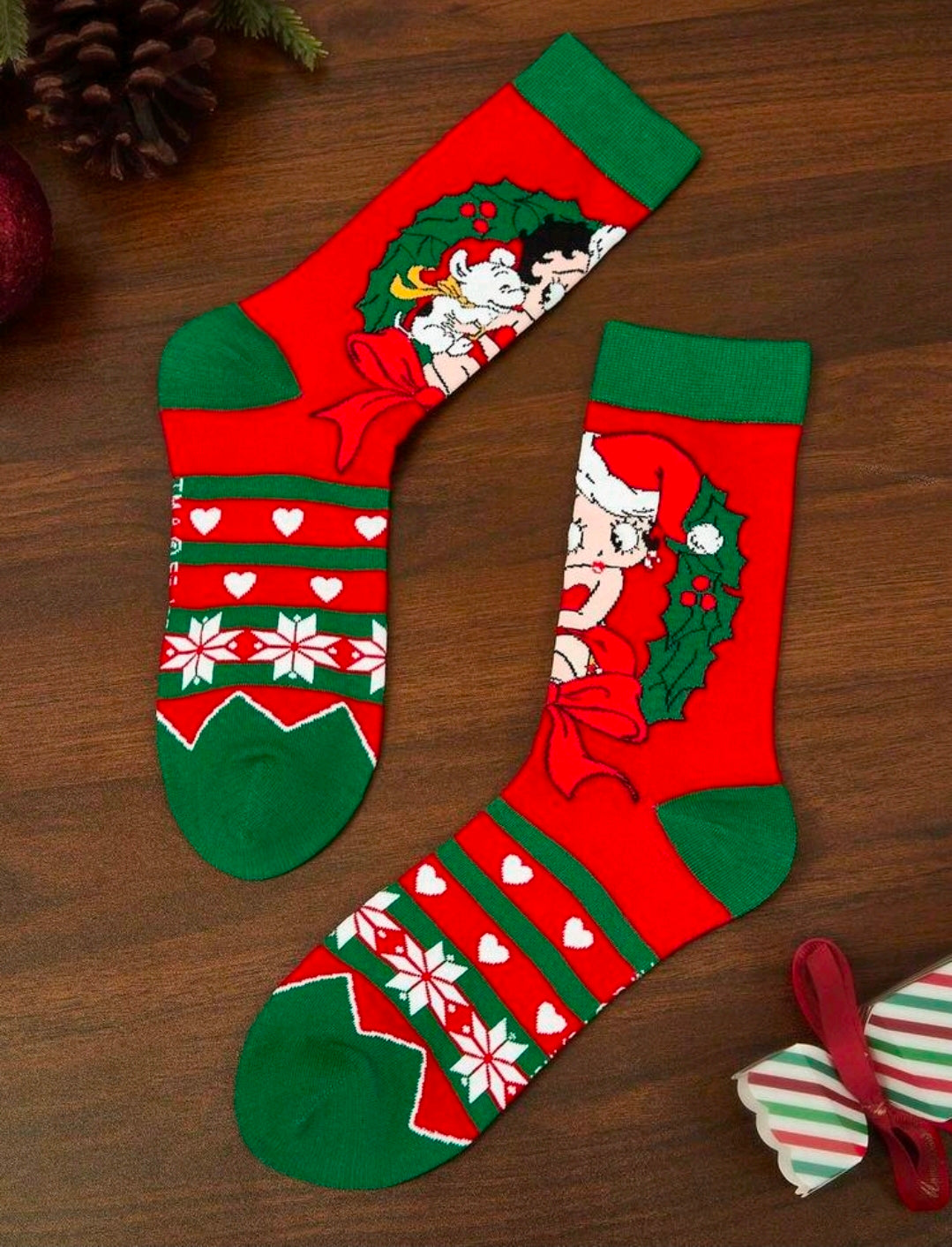Holiday crew socks, red and green with Betty Boop-style Santa graphic and stripes