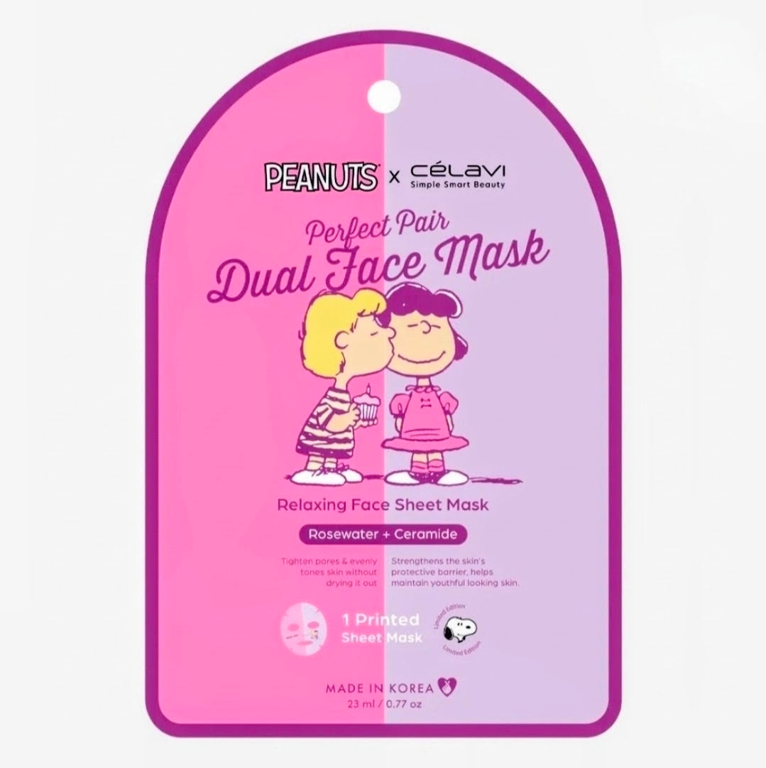 Dual face mask package card with purple and pink halves and Peanuts characters