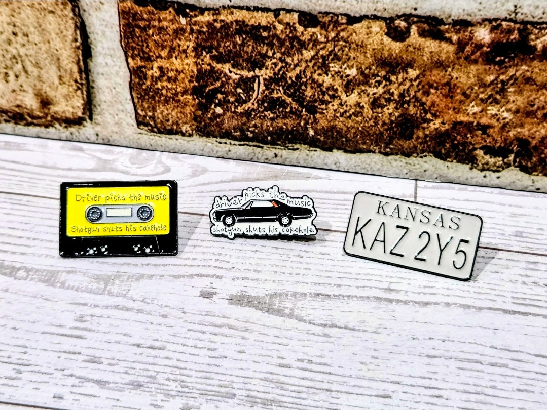 Supernatural Dean Impala Enamel Pin Set 3pc Cassette Car Kansas Plate
