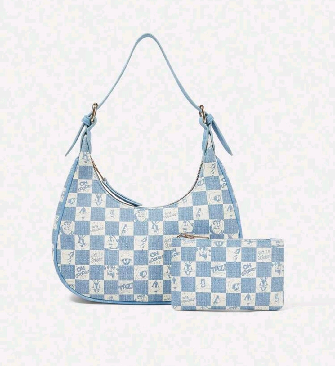 Blue checkered hobo handbag with matching clutch pouch in the same print