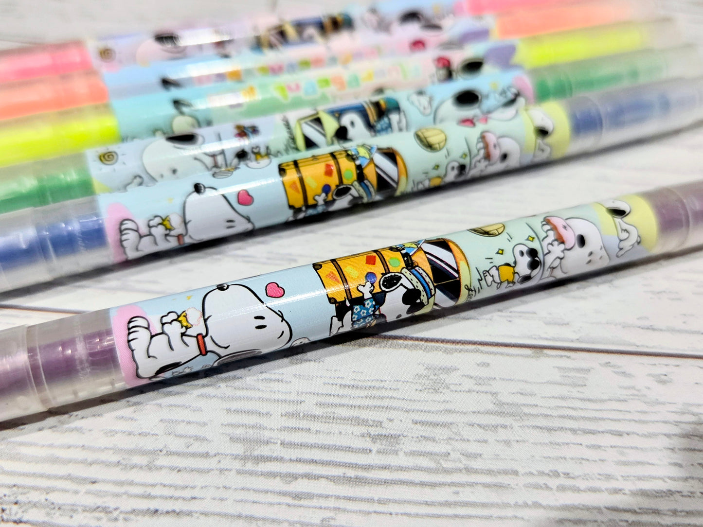 Snoopy Dual Tip Highlighter Set 6pc Fluorescent Peanuts Kawaii Stationery Chisel Fine Point Pink Orange Yellow Green Blue Purple