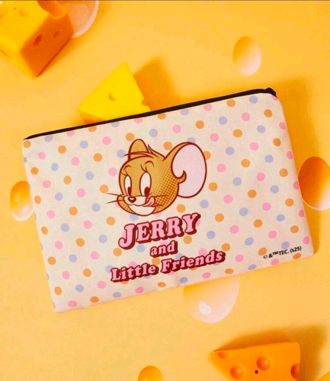Jerry and Little Friends zipper pouch with polka-dot print and top zipper