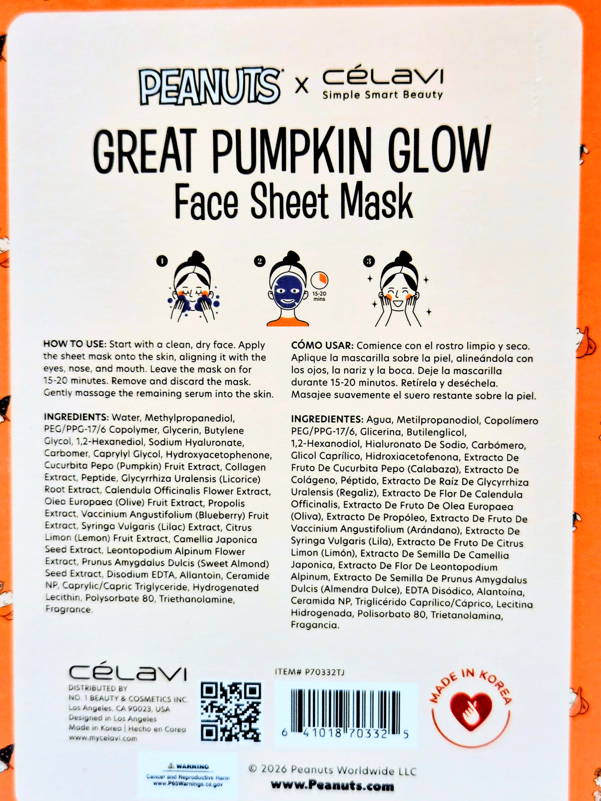 Peanuts x Célavi Snoopy Great Pumpkin Glow face sheet mask package