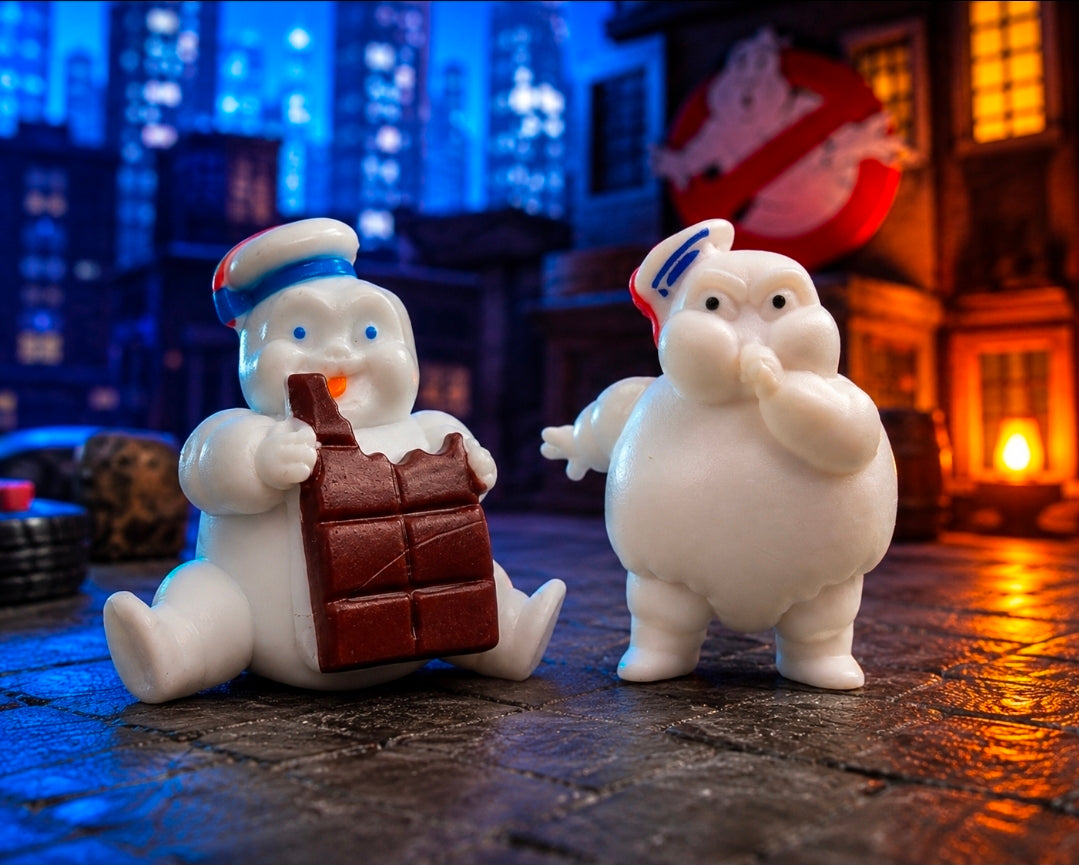 Two white mini Puft figures: one holding a brown chocolate block, striped hats.